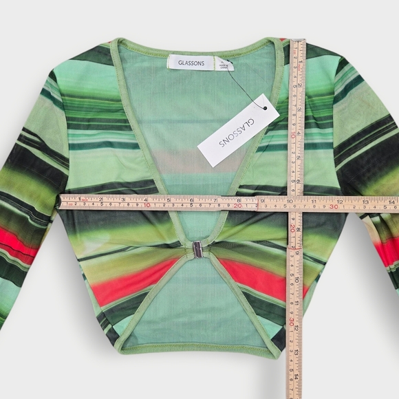 Glassons Crop Top Womens X Small Green Black Mesh Long Sleeve V-Neck Sheer - Picture 3 of 8